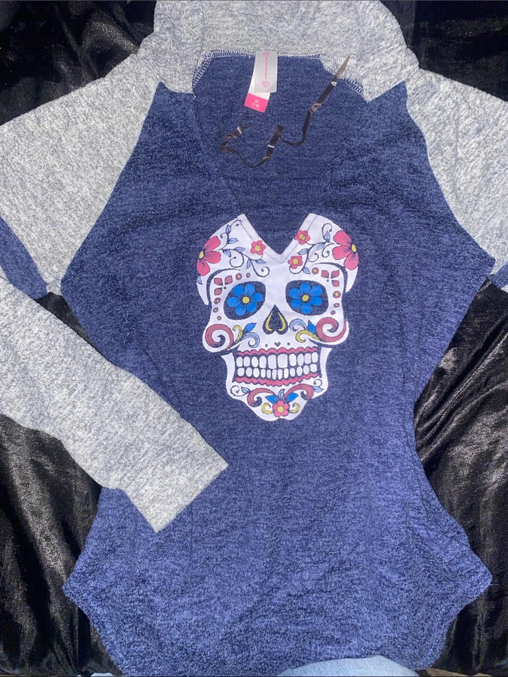No Boundaries Navy & Gray Hooded Sweatshirt with Floral Sugar Skull